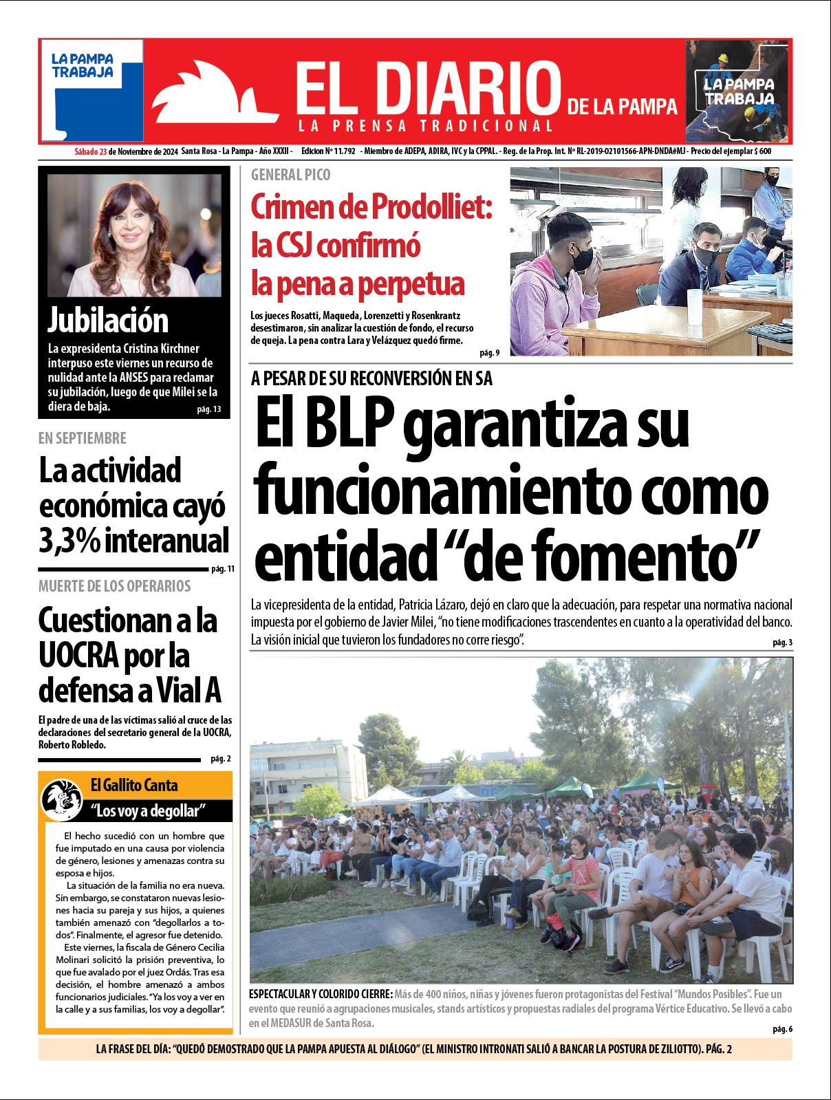 Tapa de El Diario en papel  saacutebado 23 de noviembre de 2024